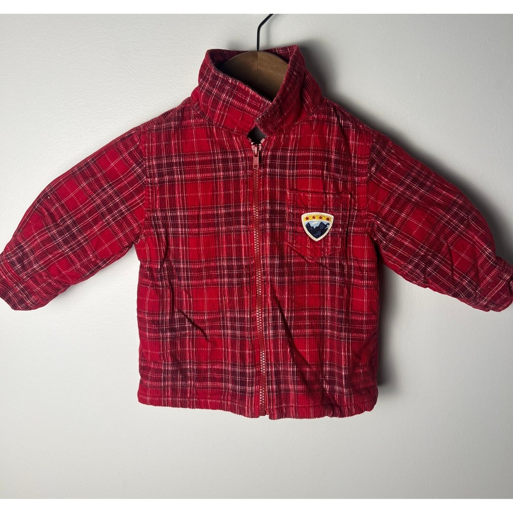 Vtg Y2K Faded Glory Corduroy Jacket Baby 6/9M Red Plaid Fleece Lined Zip‎ Up